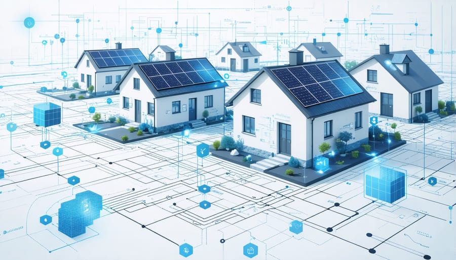 Digital illustration of houses with solar panels connected by glowing blockchain network lines