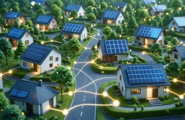 Conceptual digital illustration of a neighborhood with solar panel-equipped homes interconnected by glowing blockchain network lines, symbolizing energy exchange and trading.