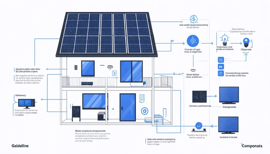 Technical diagram showing how blockchain integrates with solar panels, batteries, and smart meter systems