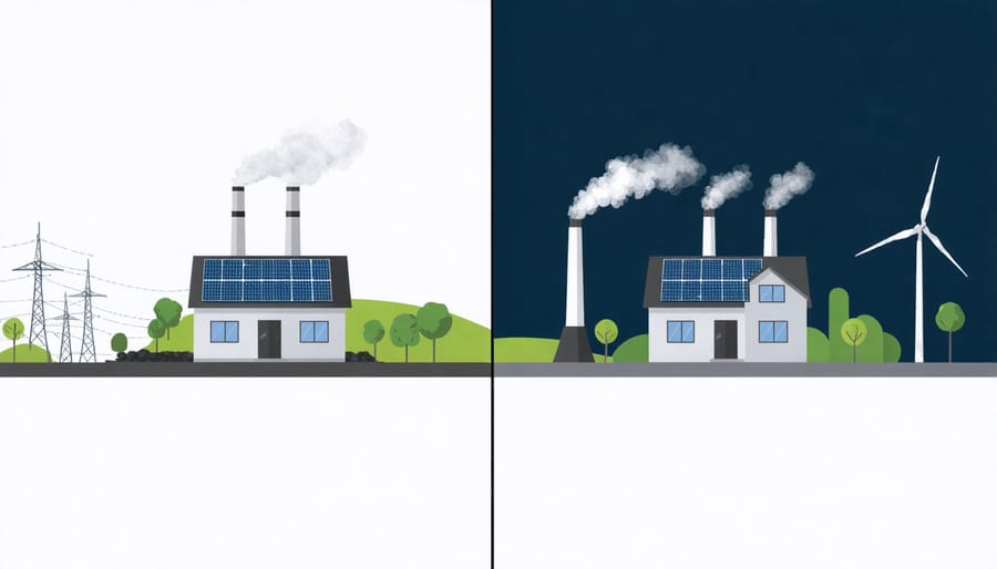 Side-by-side comparison of traditional power plant emissions and clean solar energy generation