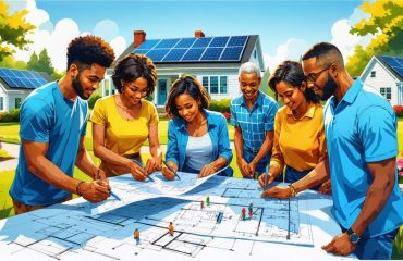 Diverse group of community members gathered around a table in a park, reviewing solar installation plans, with solar-equipped homes and clear skies visible in the background.