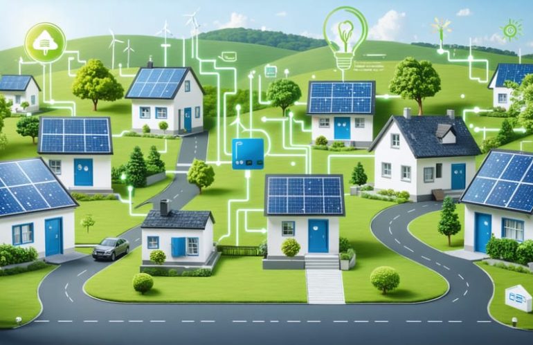 Illustration depicting a neighborhood of houses with solar panels connected to a shared energy storage system, demonstrating the concept of energy sharing among community members.