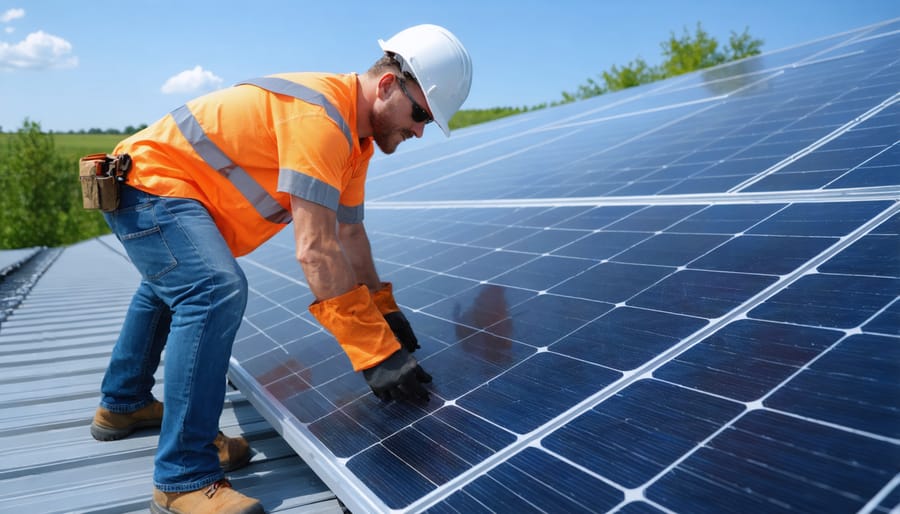 Diverse group of community members working together to install solar panels