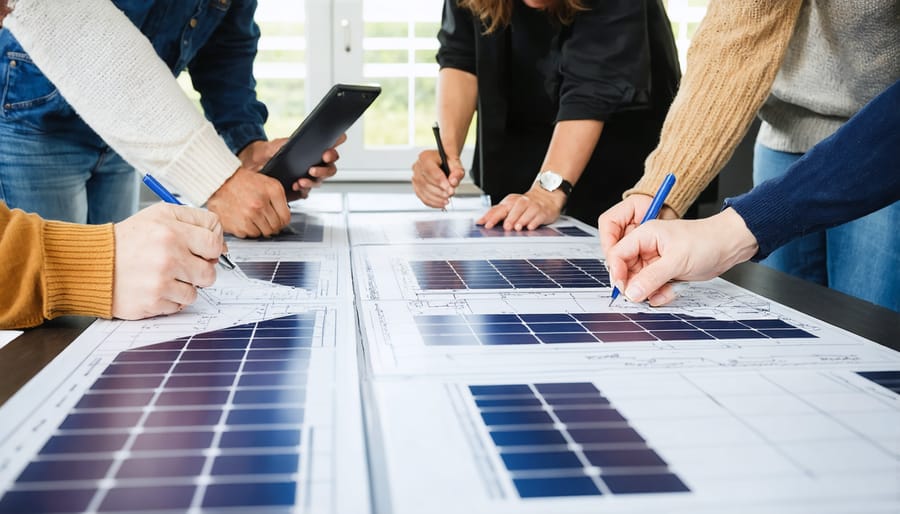Community members collaborating over solar installation plans in a local meeting