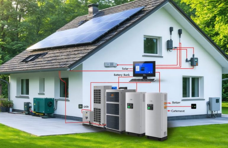 Illustration of a grid-tied solar system with battery backup showing solar panels, battery storage, inverter, and grid connection in a residential setting.