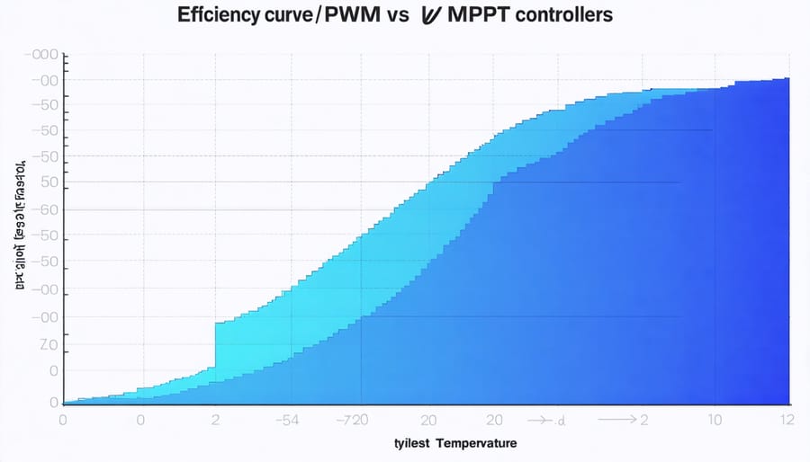 Performance comparison graph of PWM and MPPT controllers in various weather conditions