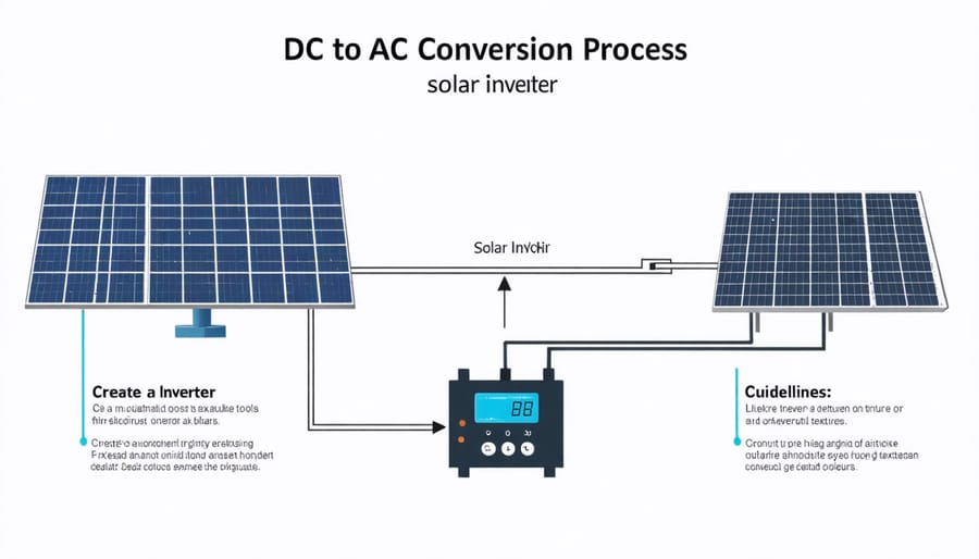 Illustrated diagram showing how solar panels generate DC power and inverters convert it to AC power for home use