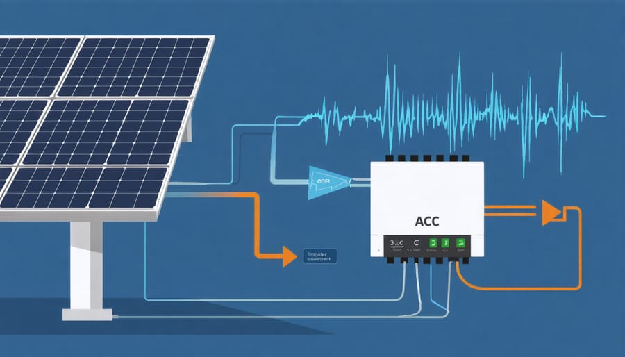 Visual representation of DC to AC power conversion process in a solar inverter