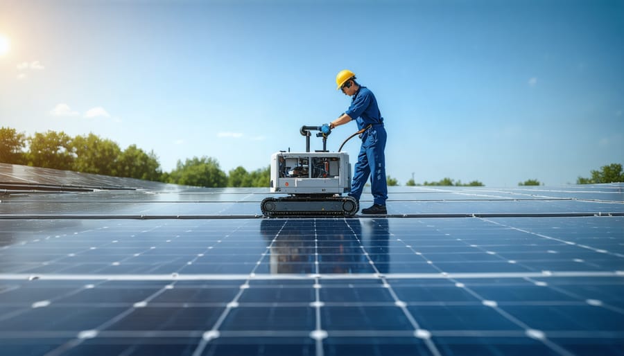Professional using automated, water-saving solar panel cleaning equipment