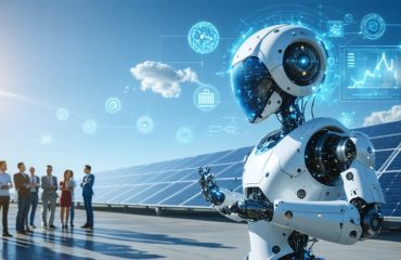 Conceptual illustration of an advanced AI chatbot interface facilitating customer inquiries about solar energy, with visible solar panels and a networked globe in the background.