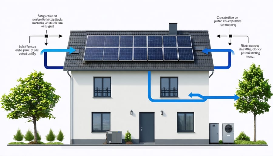 Illustration of residential solar grid connection and net metering system