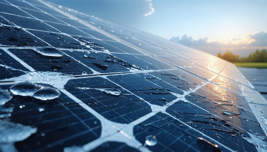 Solar panel array with visible hail damage showing the vulnerability of installations to severe weather