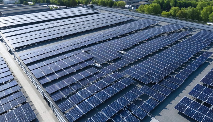Industrial warehouse complex featuring expansive rooftop solar array installation