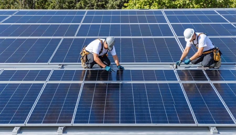 Licensed solar installers wearing safety harnesses while mounting solar panels