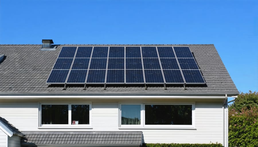Installation of solar panels on a low-income family home with workers on the roof