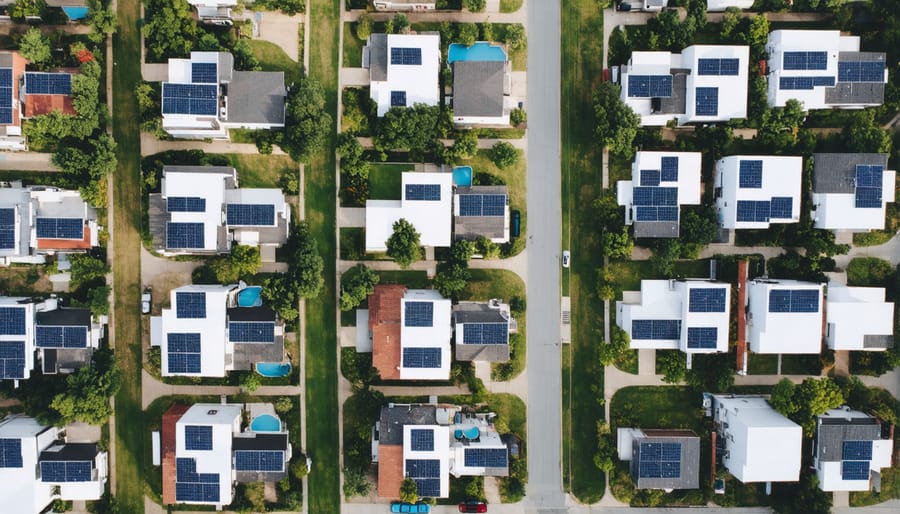 Bird's eye view of suburban homes with rooftop solar installations