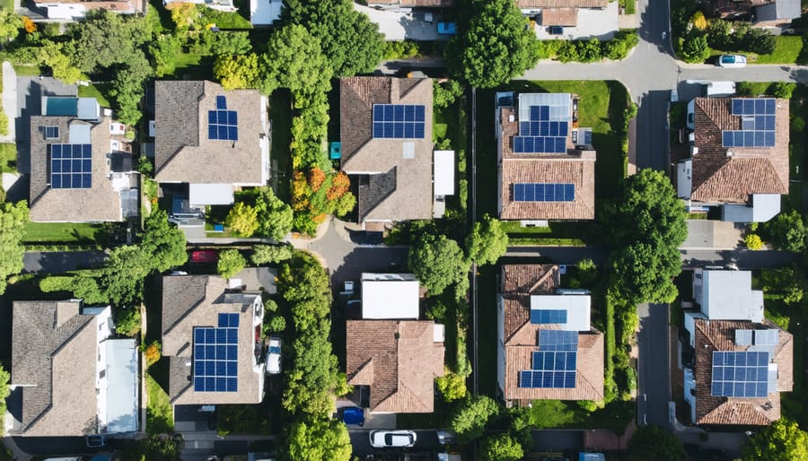 Bird's eye view of residential neighborhood showing successful community solar adoption