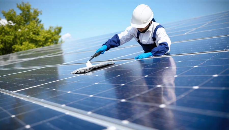 Solar panel maintenance worker carefully cleaning residential roof-mounted solar panels