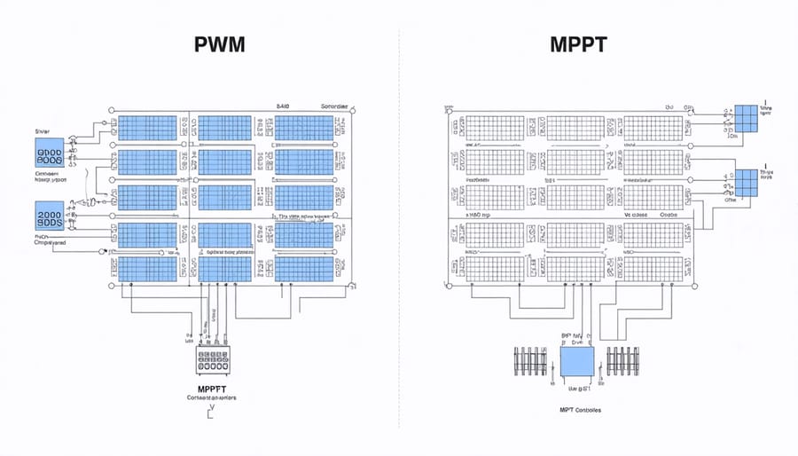 Comparative diagram of PWM and MPPT solar charge controller circuits