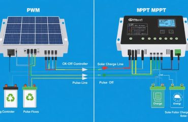 Digital illustration showing a comparative analysis of PWM and MPPT solar charge controllers with energy flow diagrams highlighting their differences in efficiency and technology.