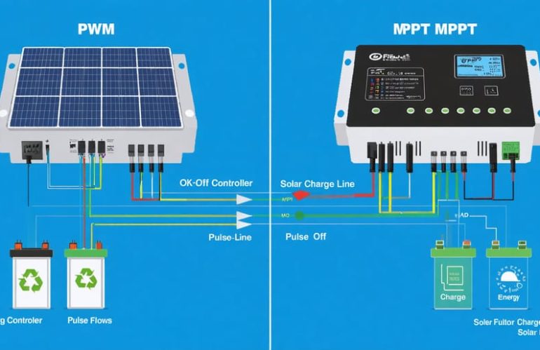 Digital illustration showing a comparative analysis of PWM and MPPT solar charge controllers with energy flow diagrams highlighting their differences in efficiency and technology.