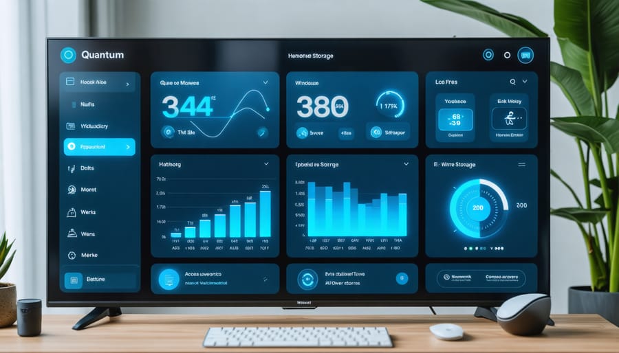 Modern smart home interface displaying energy storage levels, consumption patterns, and grid independence statistics