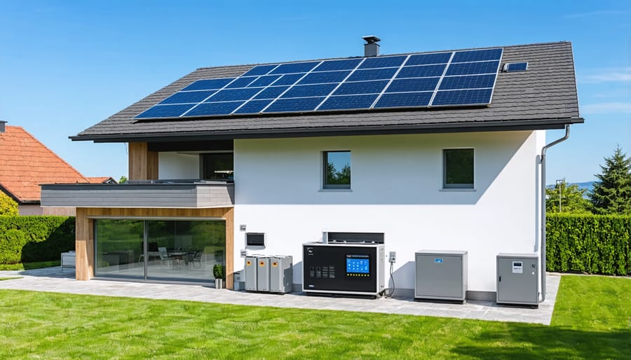 Residential hybrid energy system installation showing solar panels, battery storage, and monitoring equipment