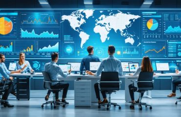 Professionals analyzing solar energy performance and customer feedback data on an interactive digital dashboard in a futuristic control room setting.