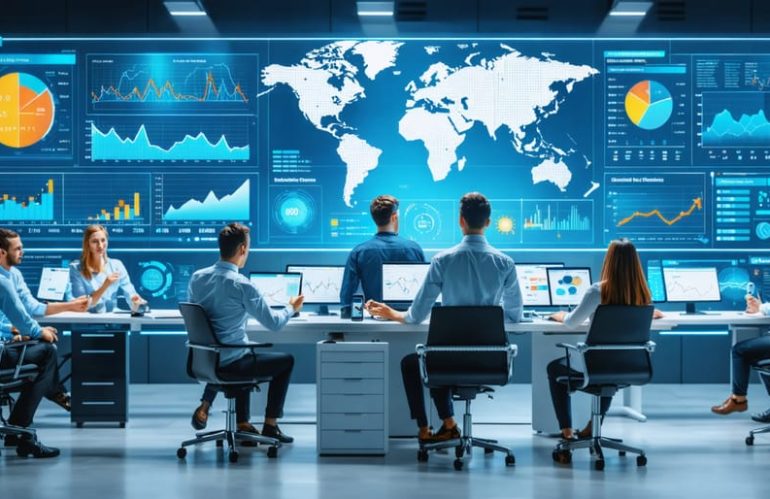 Professionals analyzing solar energy performance and customer feedback data on an interactive digital dashboard in a futuristic control room setting.