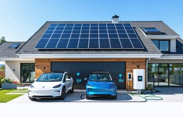Conceptual illustration of a home with solar panels on the roof powering an electric vehicle via an advanced solar inverter, visually representing the integration of solar energy and EV charging.