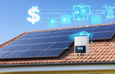 Illustration of a modern home with solar panels on the roof, featuring a highlighted solar inverter as the central component converting DC to AC power. The image includes elements symbolizing energy efficiency and cost savings.