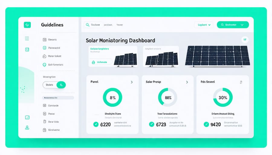 Smart monitoring system dashboard displaying real-time solar panel performance metrics and maintenance alerts