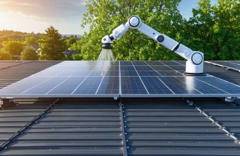 A robotic cleaning system gently gliding over solar panels on a suburban rooftop, showcasing advanced maintenance technology and emphasizing the panels' efficiency and sustainability.