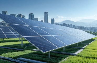 A futuristic landscape showcasing solar panels integrated into urban and rural environments, highlighting efficient, well-maintained panels as a representation of sustainability and cost-saving strategies.
