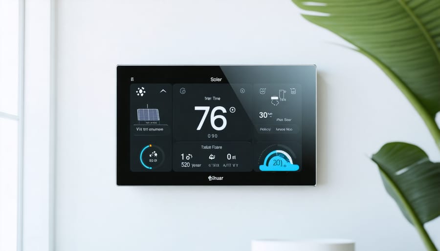 Smart thermostat interface displaying solar energy consumption and optimization settings
