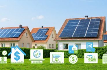 Residential neighborhood with solar panels and financial graphics, illustrating the affordability of solar energy through project financing options like PPAs and solar loans.