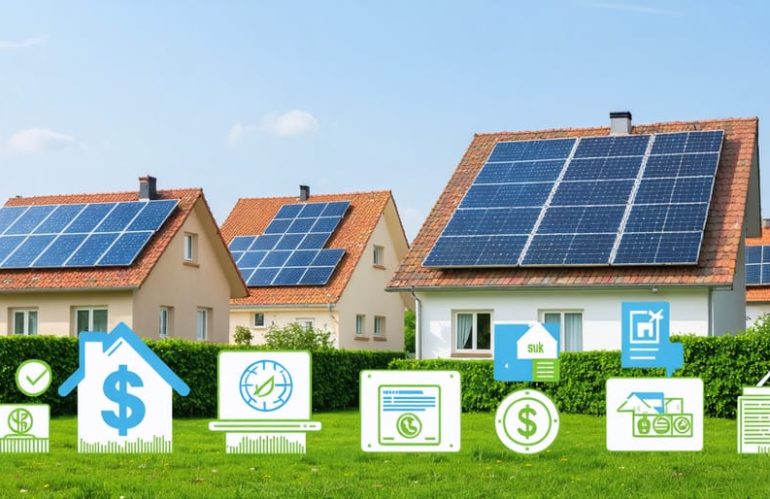 Residential neighborhood with solar panels and financial graphics, illustrating the affordability of solar energy through project financing options like PPAs and solar loans.