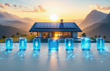 Conceptual illustration depicting a modern home with solar panels and various types of solar batteries labeled as lithium-ion, lead-acid, saltwater, and flow. Energy lines connect the sun, solar panels, and batteries, emphasizing sustainable energy and battery technology advancements.