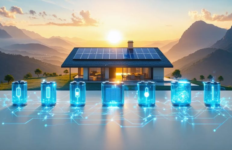 Conceptual illustration depicting a modern home with solar panels and various types of solar batteries labeled as lithium-ion, lead-acid, saltwater, and flow. Energy lines connect the sun, solar panels, and batteries, emphasizing sustainable energy and battery technology advancements.