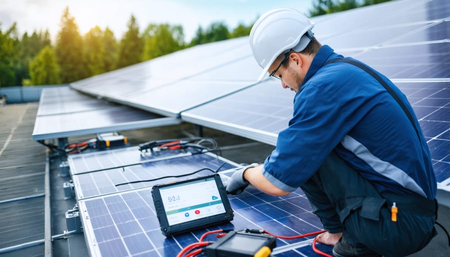 Technician conducting routine maintenance checks on solar battery storage system