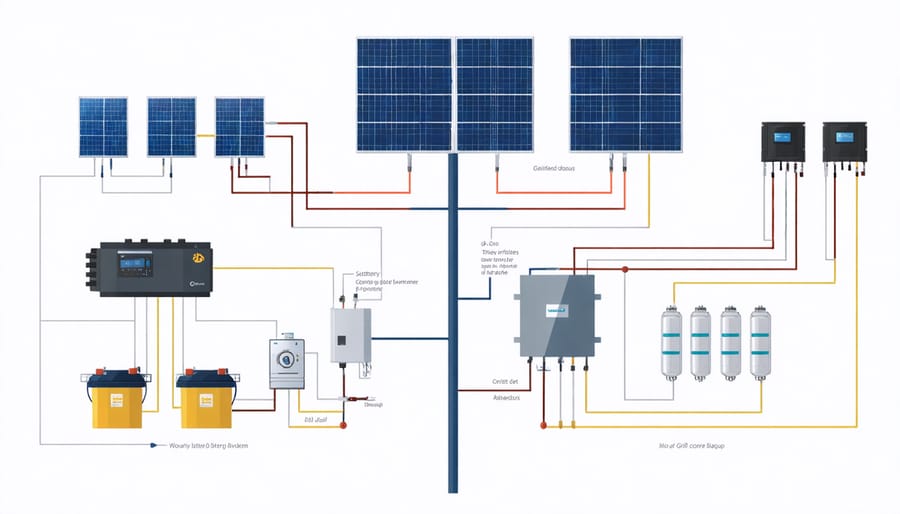 Technical diagram illustrating the main components and connections of a grid-tied solar system with battery backup