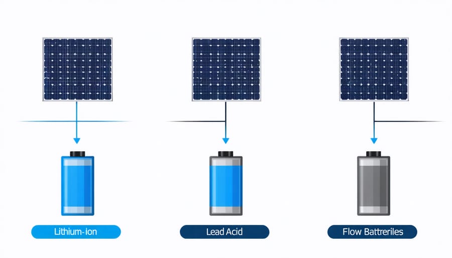 Visual comparison of different solar battery technologies including lithium-ion, lead-acid, and flow batteries