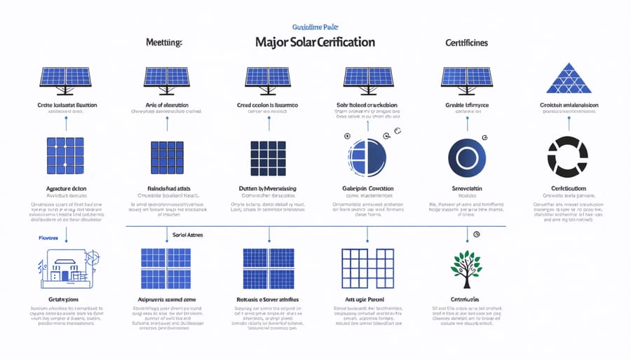 Visual guide to important solar panel quality certifications including IEC, UL, and FSEC logos