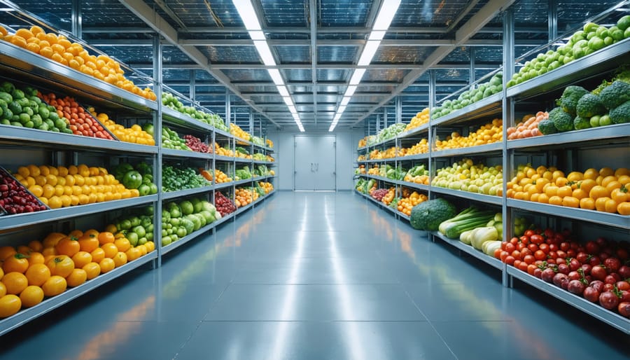 Modern solar-powered cold storage room with stacked produce and digital monitoring displays