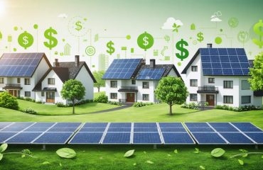 Conceptual illustration depicting a neighborhood integrated with solar panel visuals and abstract symbols of savings and renewable energy.