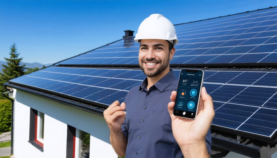 Person using solar monitoring app on smartphone while standing near rooftop solar panels