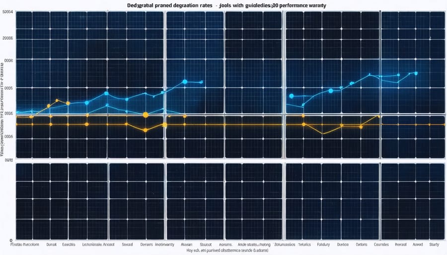 Line chart comparing actual solar panel performance degradation versus warranty guarantees over 20 years