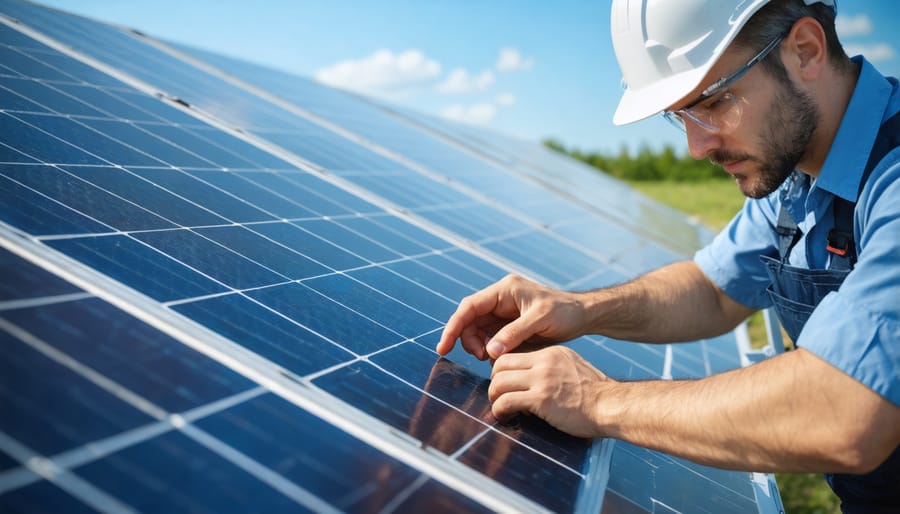 Solar technician using monitoring equipment to analyze solar panel system performance