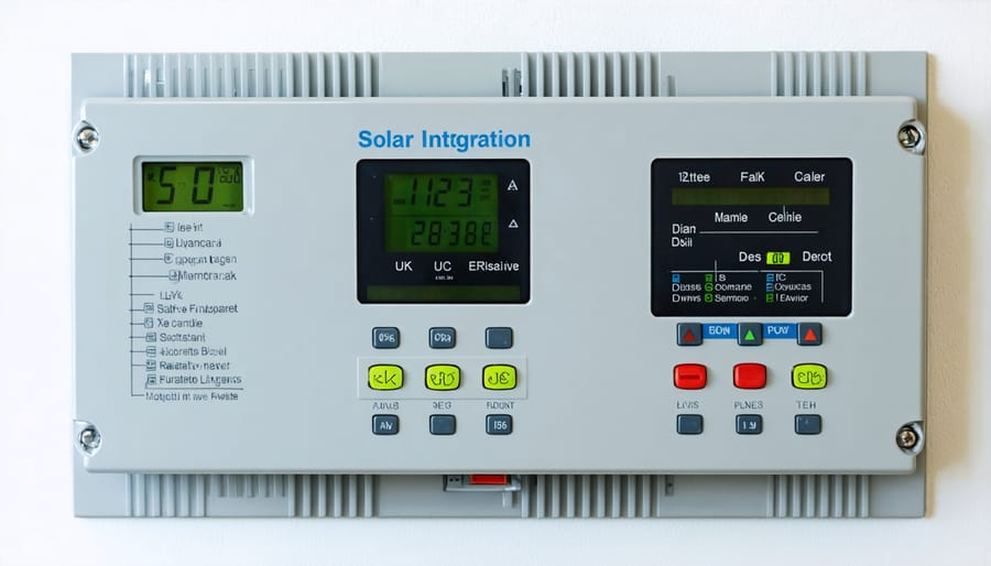 Detailed view of a residential electrical panel showing solar system connections and components