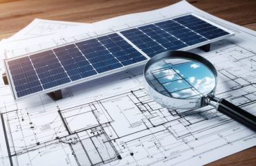 Conceptual image of a solar energy system disclosure document being examined with a magnifying glass, highlighting detailed specifications and transparency in solar investments.